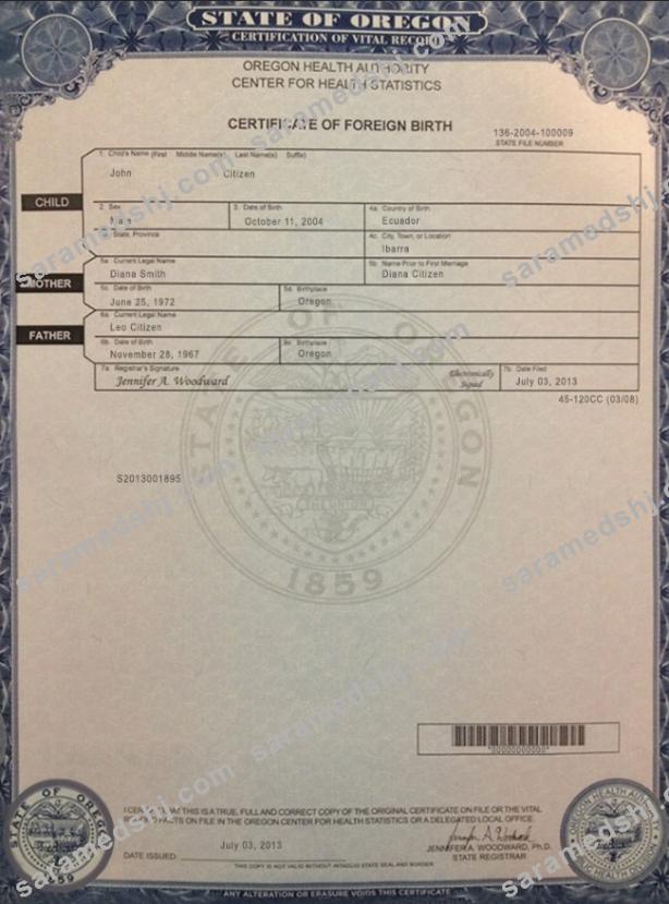 USA Oregon birth cert
